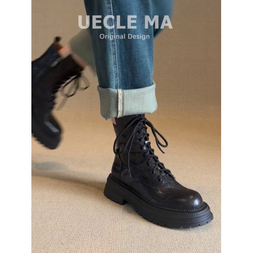 牛皮版~真皮厚底馬丁靴女2025秋冬新款小個子英倫風酷颯系帶短靴 牛皮版~真皮厚底馬丁靴女2025秋冬新款小個子英倫風酷颯系帶短靴