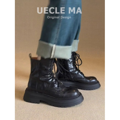 牛皮版~真皮厚底馬丁靴女2025秋冬新款小個子英倫風酷颯系帶短靴 牛皮版~真皮厚底馬丁靴女2025秋冬新款小個子英倫風酷颯系帶短靴