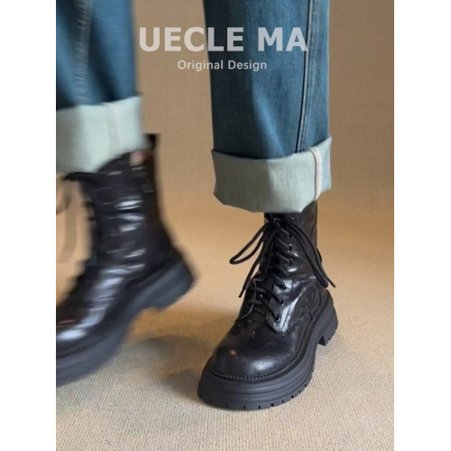 牛皮版~真皮厚底馬丁靴女2025秋冬新款小個子英倫風酷颯系帶短靴 牛皮版~真皮厚底馬丁靴女2025秋冬新款小個子英倫風酷颯系帶短靴