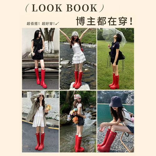 廻力雨靴女款紅色雨鞋厚底增高時尚通勤防水防滑戶外徒步涉水雨靴