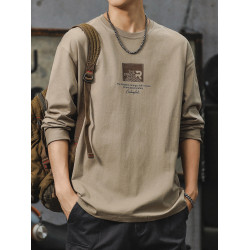 美式休閒長袖t恤男春秋季設計感寬鬆圓領上衣服重磅純棉體恤男士