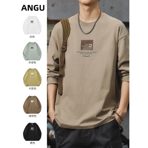 美式休閒長袖t恤男春秋季設計感寬鬆圓領上衣服重磅純棉體恤男士