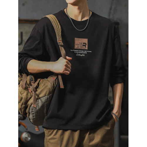 美式休閒長袖t恤男春秋季設計感寬鬆圓領上衣服重磅純棉體恤男士