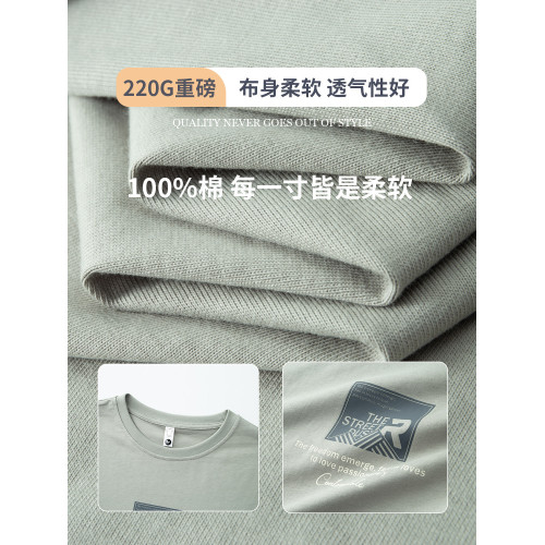 美式休閒長袖t恤男春秋季設計感寬鬆圓領上衣服重磅純棉體恤男士