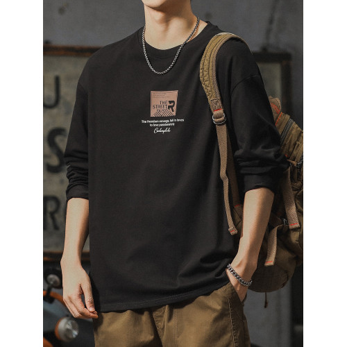 美式休閒長袖t恤男春秋季設計感寬鬆圓領上衣服重磅純棉體恤男士