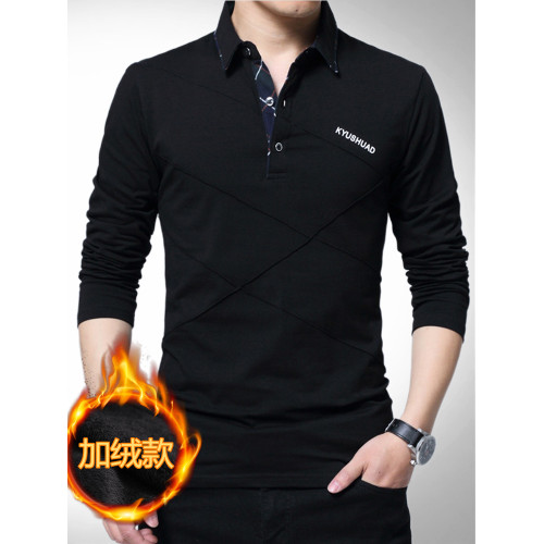 秋冬季長袖t恤男加絨加厚繙領加肥大號碼帶毛打底衫內搭小衫純棉T