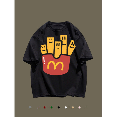 重磅純棉韓版潮牌卡通薯條印花短袖t恤男女百搭bf風夏季寬鬆上衣