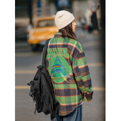 美式日系春秋格子襯衫男寬鬆潮牌綉花長袖高街襯衣情侶毛呢外套男