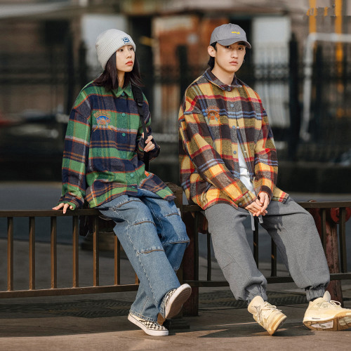 美式日系春秋格子襯衫男寬鬆潮牌綉花長袖高街襯衣情侶毛呢外套男