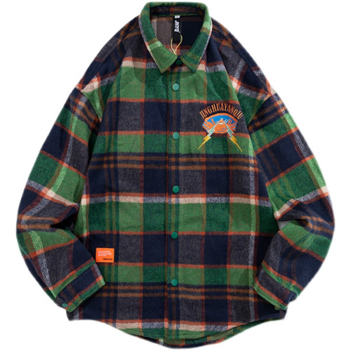 美式日系春秋格子襯衫男寬鬆潮牌綉花長袖高街襯衣情侶毛呢外套男