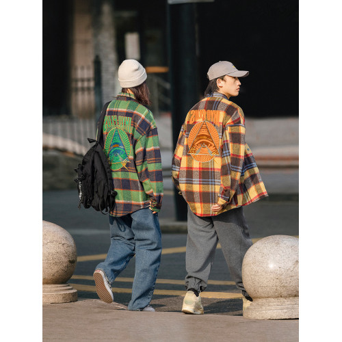 美式日系春秋格子襯衫男寬鬆潮牌綉花長袖高街襯衣情侶毛呢外套男