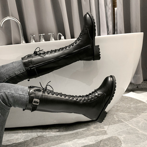 長靴胖mm粗腿不過膝高筒騎士靴系帶腳寬41一43長筒靴大碼馬丁靴女