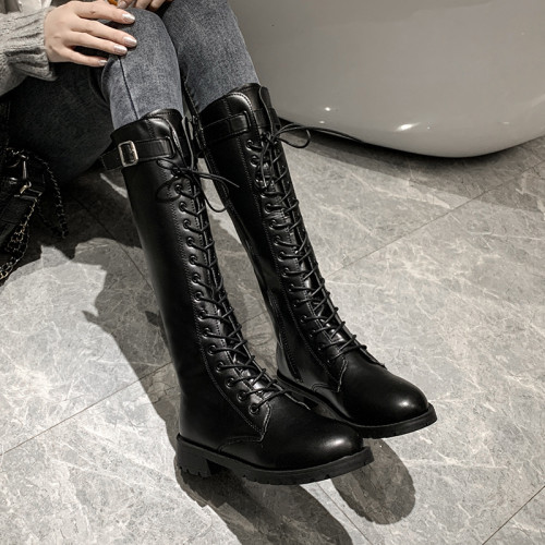 長靴胖mm粗腿不過膝高筒騎士靴系帶腳寬41一43長筒靴大碼馬丁靴女