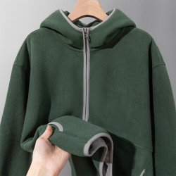 森系墨綠色！雙面搖粒絨拉鍊衛衣男女秋冬季美式復古連帽開衫外套