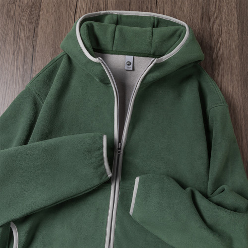 森系墨綠色！雙面搖粒絨拉鍊衛衣男女秋冬季美式復古連帽開衫外套