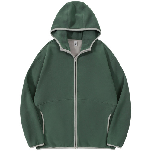 森系墨綠色！雙面搖粒絨拉鍊衛衣男女秋冬季美式復古連帽開衫外套