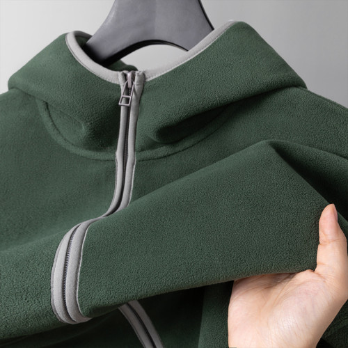 森系墨綠色！雙面搖粒絨拉鍊衛衣男女秋冬季美式復古連帽開衫外套