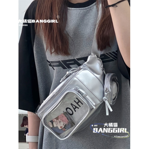日系ins小衆暗黑PU痛包女透明吧唧徽章胸包穀子斜後後背包女學生腰包