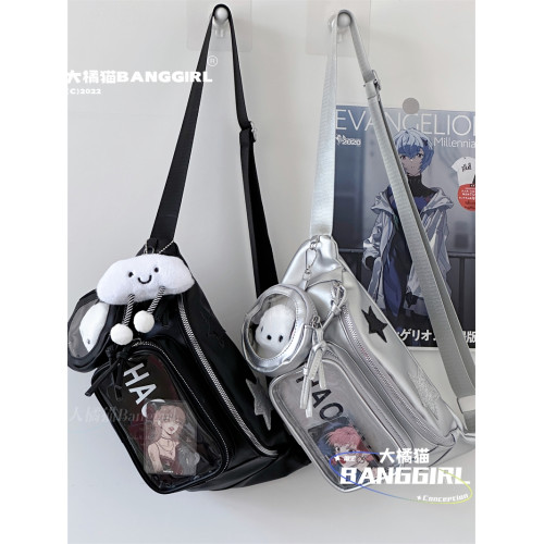 日系ins小衆暗黑PU痛包女透明吧唧徽章胸包穀子斜後後背包女學生腰包