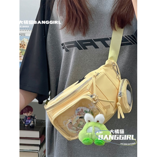 日系ins小衆暗黑PU痛包女透明吧唧徽章胸包穀子斜後後背包女學生腰包