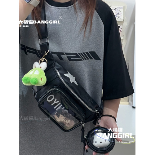日系ins小衆暗黑PU痛包女透明吧唧徽章胸包穀子斜後後背包女學生腰包
