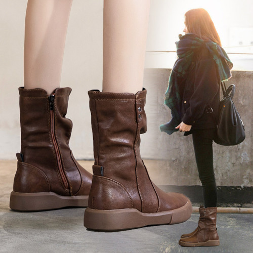真皮中筒馬丁靴女2025秋冬季英倫風瘦瘦靴軟底軟皮加絨大碼靴子女 真皮中筒馬丁靴女2025秋冬季英倫風瘦瘦靴軟底軟皮加絨大碼靴子女