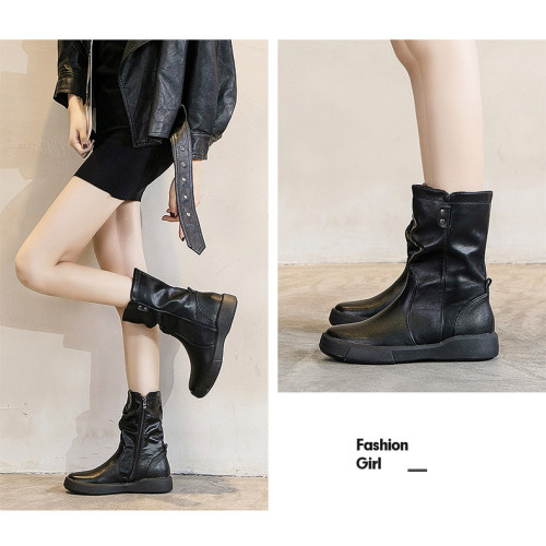 真皮中筒馬丁靴女2025秋冬季英倫風瘦瘦靴軟底軟皮加絨大碼靴子女 真皮中筒馬丁靴女2025秋冬季英倫風瘦瘦靴軟底軟皮加絨大碼靴子女