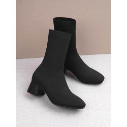 黑色襪靴飛織短靴女方頭中筒2025年秋冬新款高跟瘦瘦靴粗跟彈力靴