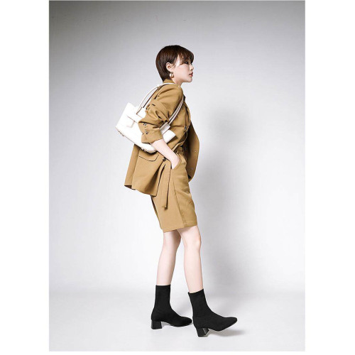 黑色襪靴飛織短靴女方頭中筒2025年秋冬新款高跟瘦瘦靴粗跟彈力靴