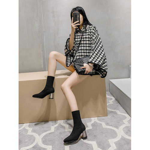 黑色襪靴飛織短靴女方頭中筒2025年秋冬新款高跟瘦瘦靴粗跟彈力靴