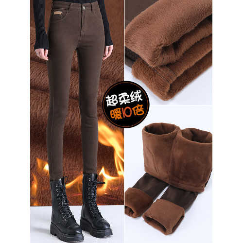 深咖色牛仔褲女秋冬高腰緊身顯瘦加絨加厚鉛筆褲冬深色冬款小腳褲