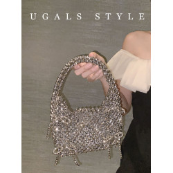 UGALS復古金屬蝴蝶結手工編織串珠珍珠馬鞍包宴會餃子手提手挽包