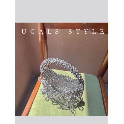 UGALS復古金屬蝴蝶結手工編織串珠珍珠馬鞍包宴會餃子手提手挽包