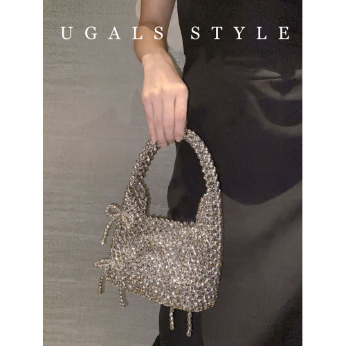 UGALS復古金屬蝴蝶結手工編織串珠珍珠馬鞍包宴會餃子手提手挽包