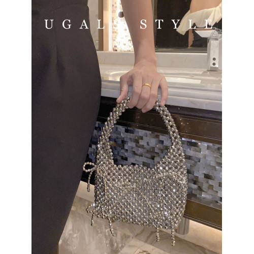 UGALS復古金屬蝴蝶結手工編織串珠珍珠馬鞍包宴會餃子手提手挽包