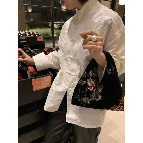 新中式亮片絲絨手提包女士2026年春季新款復古釘珠刺綉百搭手拎包