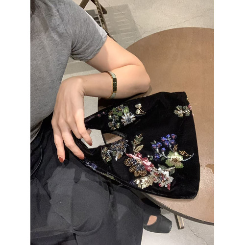 新中式亮片絲絨手提包女士2026年春季新款復古釘珠刺綉百搭手拎包