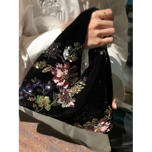 新中式亮片絲絨手提包女士2026年春季新款復古釘珠刺綉百搭手拎包