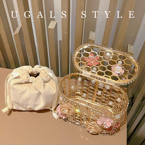 UGALS法式復古金屬鑲鑽花朵珍珠菜籃子包晚宴鑽石水桶手拿斜後後背包