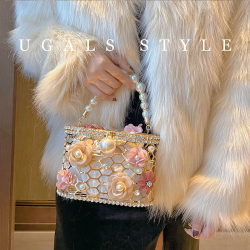 UGALS法式復古金屬鑲鑽花朵珍珠菜籃子包晚宴鑽石水桶手拿斜後後背包