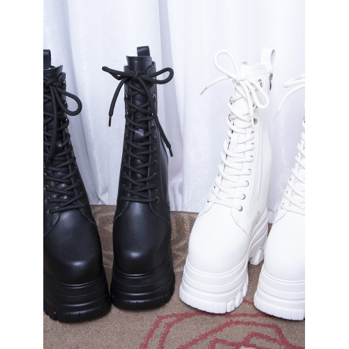 一體式內增高馬丁靴亞光皮黑白色22CM增高短靴無痛增高鞋靴站樁靴