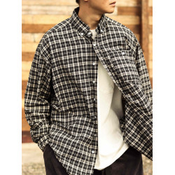 NICETTU 新款日系復古百搭格紋口袋襯衣寬鬆休閒格子襯衫外套