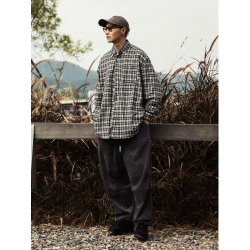 NICETTU 新款日系復古百搭格紋口袋襯衣寬鬆休閒格子襯衫外套