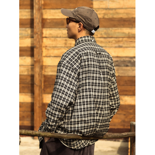 NICETTU 新款日系復古百搭格紋口袋襯衣寬鬆休閒格子襯衫外套