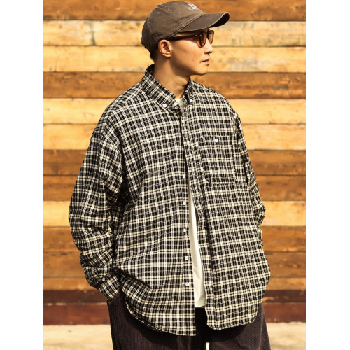 NICETTU 新款日系復古百搭格紋口袋襯衣寬鬆休閒格子襯衫外套