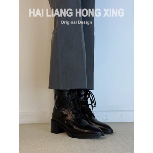 羊皮版~馬丁靴女新款英倫風百搭尖頭粗跟系帶側拉鍊顯瘦高跟短靴