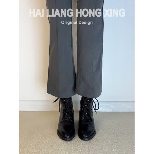 羊皮版~馬丁靴女新款英倫風百搭尖頭粗跟系帶側拉鍊顯瘦高跟短靴