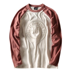 秋季新品全棉磨毛面料立體字母壓印撞色拼接男士圓領長袖T恤打底