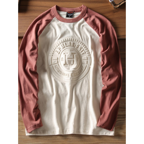 秋季新品全棉磨毛面料立體字母壓印撞色拼接男士圓領長袖T恤打底