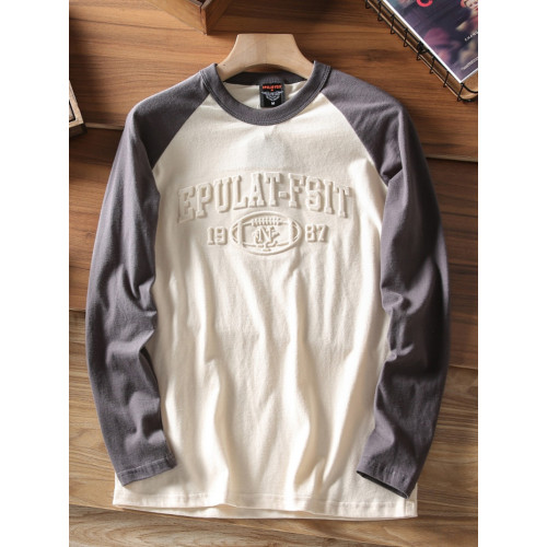 秋季新品全棉磨毛面料立體字母壓印撞色拼接男士圓領長袖T恤打底